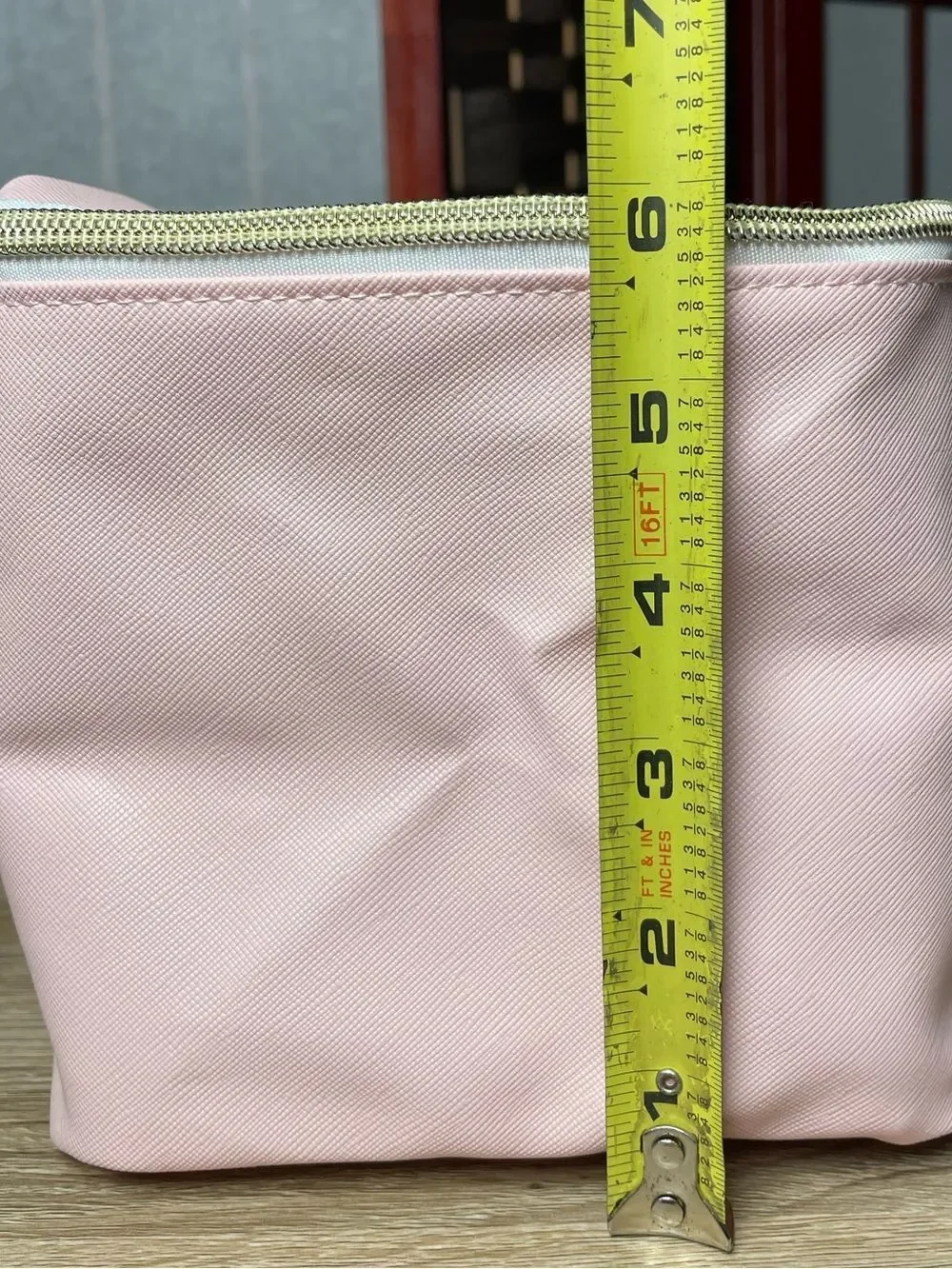 Pink Compact Travel Cosmetic Bag with Top Handle & Gold Hardware - Textured